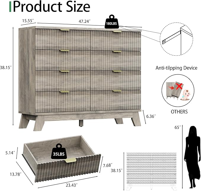 Fluted Dresser for Bedroom with 8 Drawers, 48" Wide Modern Chest of Drawers with Metal Handle, Wooden Dresser TV Stand, Wood Closet Clothes Storage Drawer Organizer for Living Room, Hallway, Grey