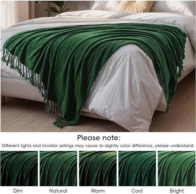 BATTILO HOME Chenille Knit Throw Blanket for Couch, Soft Cozy Dark Green Knit Throw Blanket with Fringe, Lightweight Throw Blanket for Home Decoration, 50"x60"