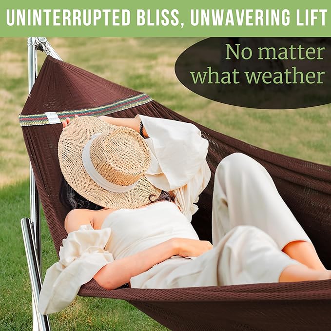 Tranquillo Double Hammock with Stand 650lb Capacity Double Hammock with Spreader Bar, Solid Grade 201 Stainless Steel 30s Set Up, Sturdy Flexible Hammock Stand Portable, Outdoor Indoor, Brown
