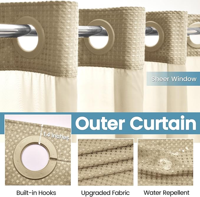 Beige Stall No Hook Shower Curtain with Snap in Liner,230GSM Waffle Weave Shower Curtains for Bathroom,54W x 80H