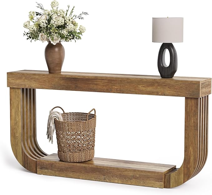 LITTLE TREE 70.9-Inch Extra Long Narrow Console Table, 2-Tier Brown Wooden Sofa Table for Living Room, Large Hallway Foyer Table with Heavy Duty U-Shaped Pedestal