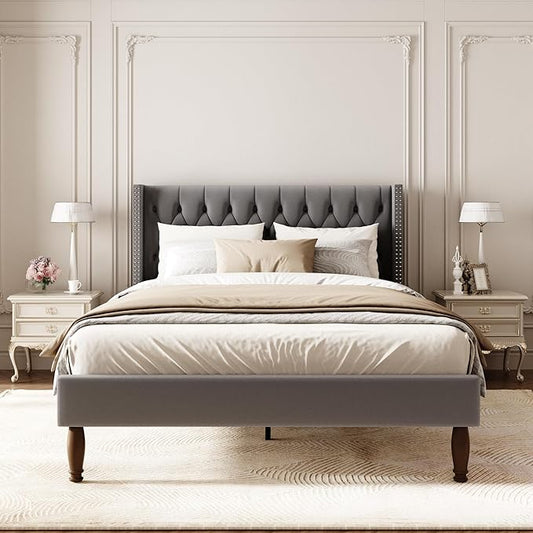 Queen Size Velvet Upholstered Bed Frame, 49.2" Tall Wingback Headboard, Deep Button Tufted, No Box Spring Needed, Solid Wood Legs, Grey