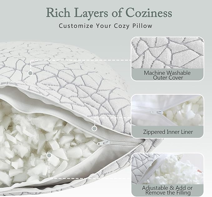 BPC Premium Rayon Derived from Bamboo Pillow King Size - Adjustable Shredded Memory Foam Pillow with Removable Cover for Side Stomach and Back Sleepers, CertiPUR-US