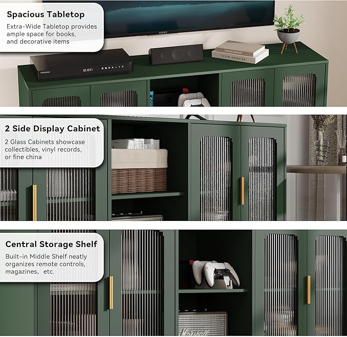 65 Inch Green TV Stand for TVs up to 70+ inch, Mid Century Modern Glass Door TV Console Table, Entertainment Center with Storage Cabinet, Wood Media Console for Bedroom, Living Room (Green)