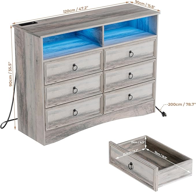 Grey 6 Drawer Dresser for Bedroom with LED Lights and Charging Station, Wood 6 Chest Drawers, Large Storage for Clothes, for Living Room, Bedroom, Hallway, Taupe Grey