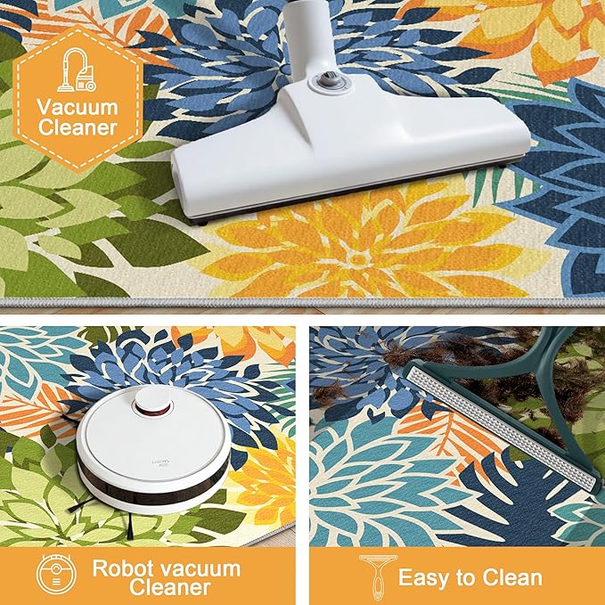 Area Rug 3x5 Yellow Green Washable Entry Rug Multicolored Tropical Botanical Modern Floral Indoor Kitchen Door Mat Entrance Carpet Non Slip for Bedroom Living Room, Porch