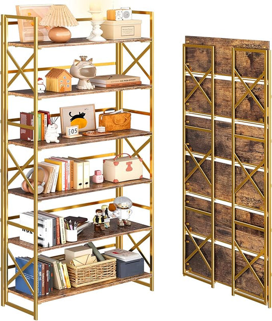 4NM Extra Wide 6 Tiers No Assembly Book Shelves, 61.8" H Folding Bookshelf Bookcase Open Industrial Foldable Shelves for Bedroom, Living Room, Home Office - Rustic Brown Gold