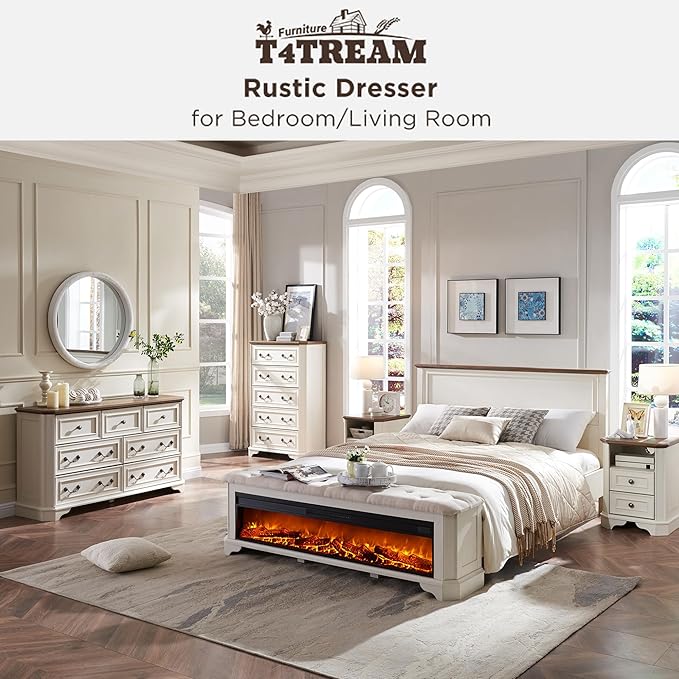 T4TREAM Farmhouse 5 Drawers Dresser for Bedroom, 48" Tall Wood Rustic Chest of Drawers with Natural Texture, Vintage Design, Storage Dressers Organizer for Bedroom, Living Room, Hallway, Antique White