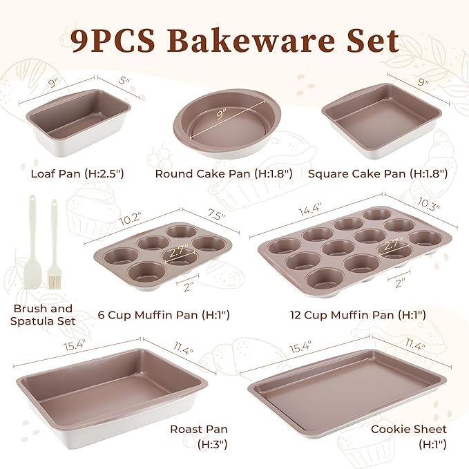 CARTMAN Bakeware Set 9-pieces Brown and White with Round/Square Cake Pan,Loaf Pan,6/12 Cup Muffin Pan,Cookie Sheet, Brush and Spatula, Carbon Steel Bake Set, Nonstick Stainless Steel Baking Pans Set