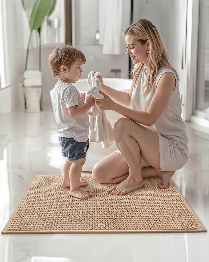 Color&Geometry Ultra Soft Chenille Bathroom Rugs Non Slip Rubber Backing, Machine Washable, Super Absorbent Floor Mat for Bathroom, Bathtub, Quick Dry Beige Bath Mat, Long Bath Runner,24"x59"