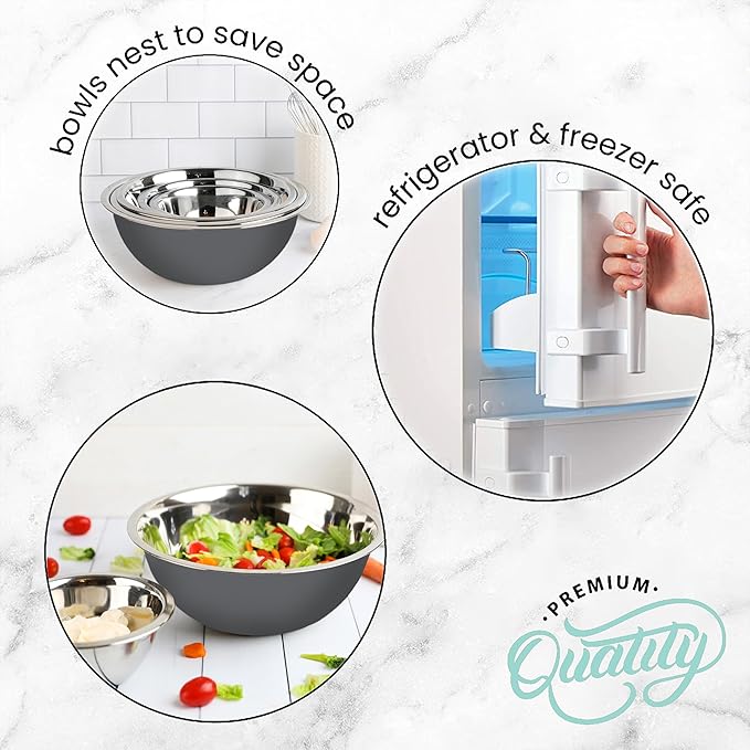 WHYSKO Meal Prep Stainless Steel Mixing Bowls Set, Home, Refrigerator, and Kitchen Food Storage Organizers | Ecofriendly, Reusable, Heavy Duty (Gray)