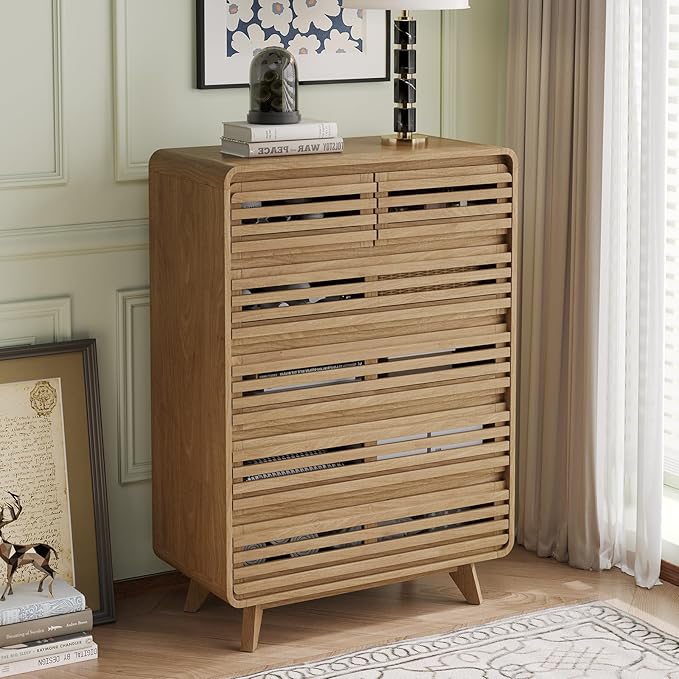 Fluted Dresser for Bedroom, Tall Dresser with 6 Drawers, Chests of Drawers with Grille & Curved Design, Dressers Slides Pre-Installed, Large Wood Drawer Organizer for Bedroom Hallway, Natural Oak