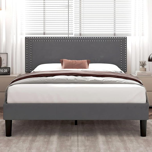 VECELO Full Size Bed Frame with Adjustable Upholstered Headboard, Wooden Slats Platform, Noise-Free Design, Easy Assembly