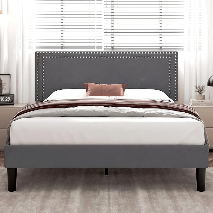 VECELO Queen Size Bed Frame with Adjustable Upholstered Headboard, Wooden Slats Platform, Noise-Free Design, Easy Assembly