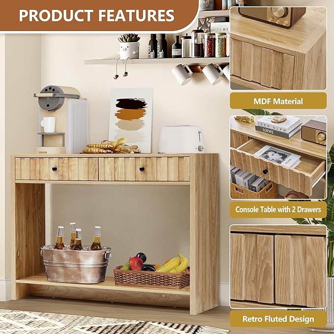 Console Table with Drawers, Narrow Mid-Century Fluted Entryway Table Sofa Table with Storage Shelf, Wood Entry Table Accent Behind Couch Ta ble for Entrance, Hallway, Living Room (Natural)