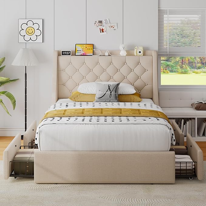 Upholstered Twin Bed Frame with 4 Storage Drawers, Bed Frame with Large Wingback Headboard, Charging Station, No Box Spring Needed, Easy Assembly, Beige