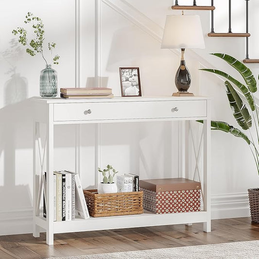 Treocho White Console Table with Drawer and Storage Shelves, Foyer Sofa Table Narrow for Entryway, Living Room, Hallway