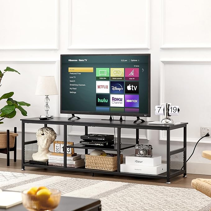 VECELO TV Stand with Power Outlets for Televisions up to 65Inch, 55" Media Entertainment Center with Charging Station 3-Tier Open Storage Shelves with Metal Frame for Living Room/Bedroom，Black