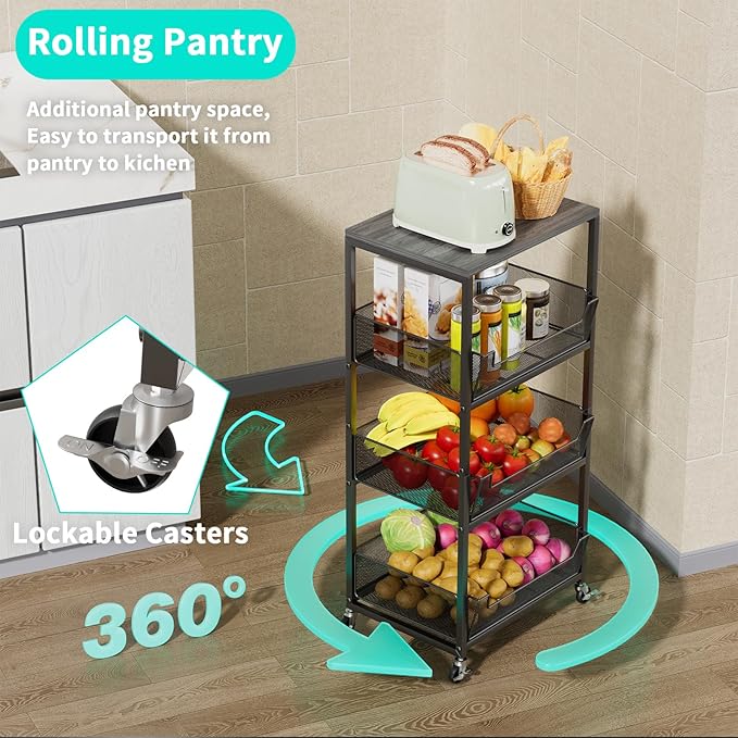 HapiRm Fruit Basket Kitchen Cart - 4-Tier Rolling Storage Cart with Wheels, Fruit Vegetable Basket with Wood Top, Pantry Utility Kitchen Organizer for Fruit Potato Onion Vegetable Bread Snack
