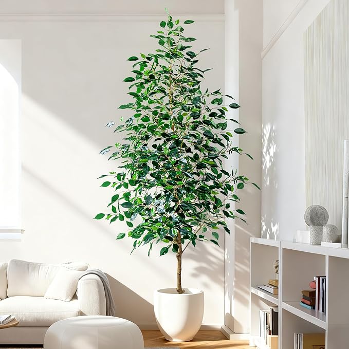 7FT Artificial Ficus Trees Indoor Faux Trees Indoor Fake Floor Plants Tall Artificial Tree with White Pot Faux Tree Fake Indoor Tree Silk Plants Artificial Trees for Home Decor Indoor