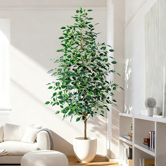 7FT Artificial Ficus Trees Indoor Faux Trees Indoor Fake Floor Plants Tall Artificial Tree with White Pot Faux Tree Fake Indoor Tree Silk Plants Artificial Trees for Home Decor Indoor