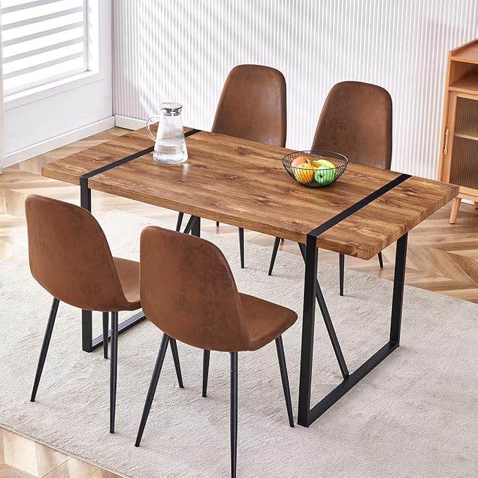 Dining Table Set for 4，Dinner Table Set for 4，55'' Kitchen Table and Suede Nap Fabic Chairs Set of 4, 5 Piece Dining Table Set for Kitchen Dining Room