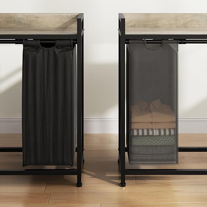 Laundry Hamper with Shelf, Laundry Basket 5 Section, Laundry Sorter with Pull-Out Removable Large 5 Color Bags and Movable Wheels, Metal Frame, 5 x 15.87 Gallons (60L), Greige PF08XLZ