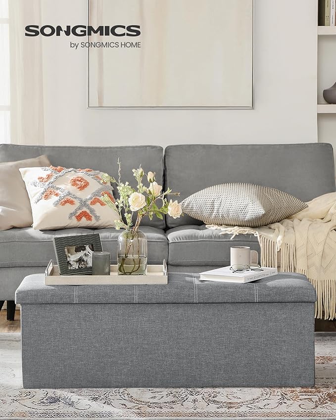SONGMICS MAZIE Collection - 43 Inches Ottoman Storage Bench, 35 Gal. Folding Chest with Breathable Linen-Look Fabric, Load up to 660 lb, for Entryway, Living Room, Bedroom, Light Gray ULSF077G05