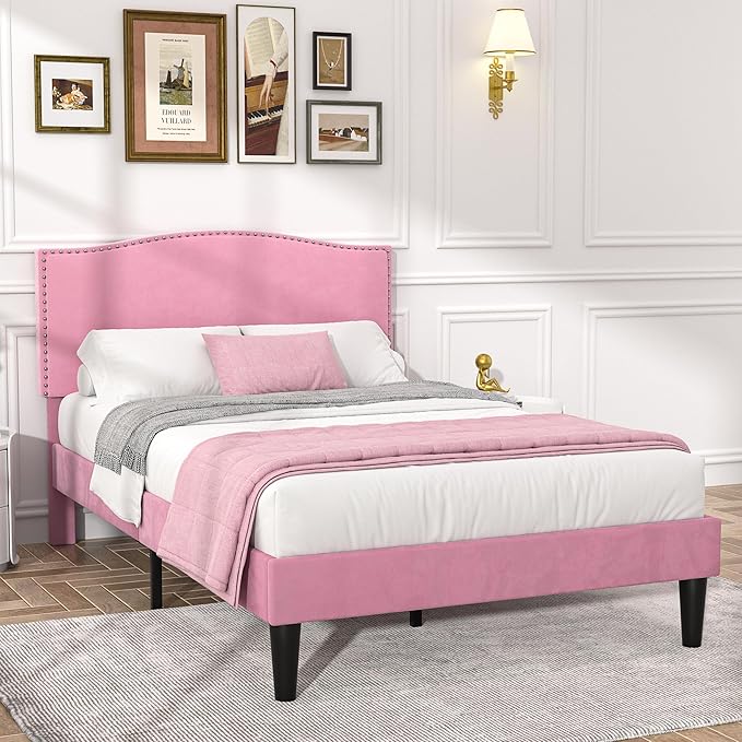 VECELO Twin Bed Frame Platform Bed Frame with Upholstered Headboard, Strong Frame and Heavy-Duty Slats Support, Non-Slip and Noise-Free, Easy Assembly,Pink