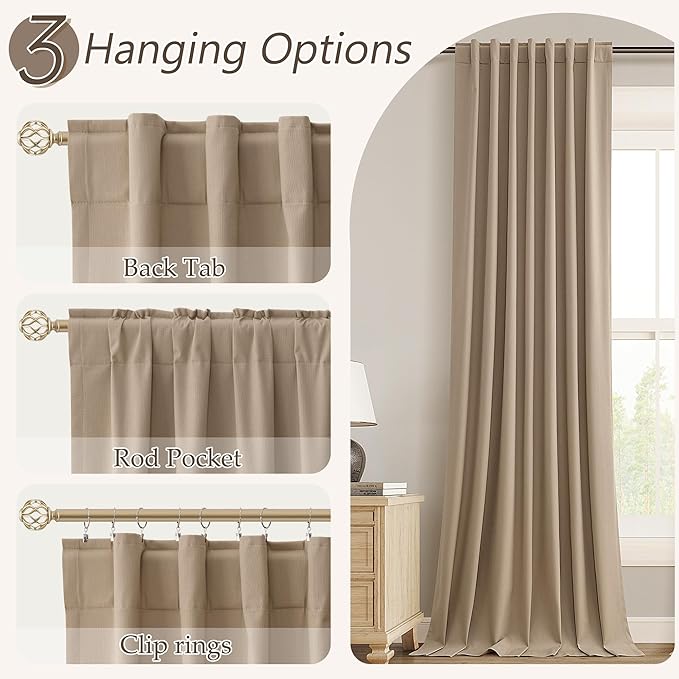 Guken Tan Blackout Curtains 120 Inch Length 2 Panels Set for Living Room Bedroom Back Tab Thermal Insulated 100% Black Out Linen Drapes Room Darkening Window Curtains 120 Inches Long