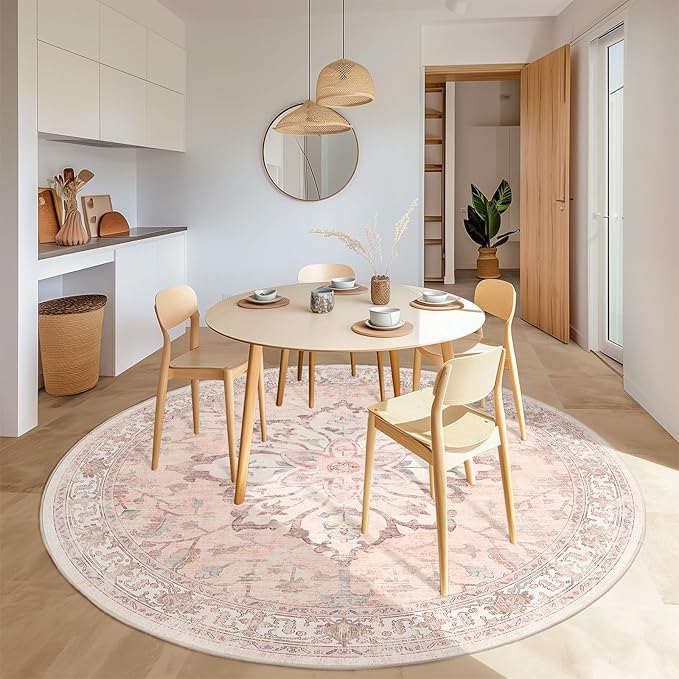 Area Rugs 6ft Washable Non-Slip, Floral Vintage Distress Print Pattern Medallion Carpet for Living Room Bedroom Dining Room, Pink Greypink Cute