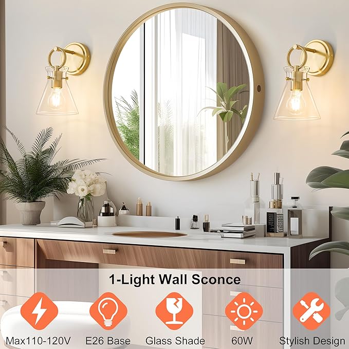Gold Wall Sconce for Bathroom Modern Vanity Light Fixtures 1-Light Wall Mount Lighting Lamp Farmhouse Wall Lights with 6 Inch Clear Glass Shade for Bedroom Living Room Mirror Kitchen