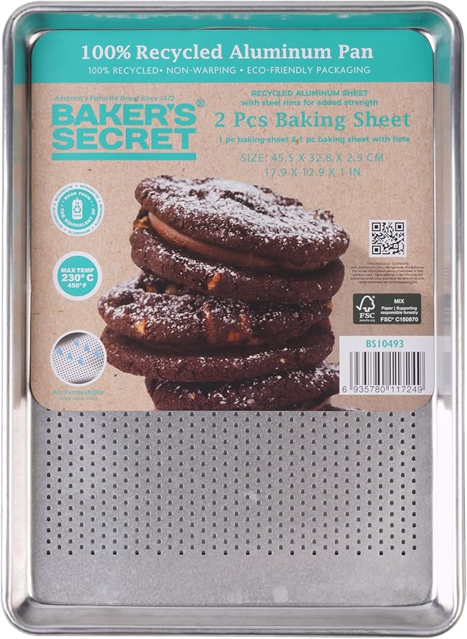 Baking Sheet Set with Rack 18" Non-Toxic Bakeware Set Baking Trays for Oven, 100% Recycled Aluminum, 2pc Bakeware Set Baking Sheets 18" Never Rust, PTFE,PFAS,PFOA Free by Baker's Secret