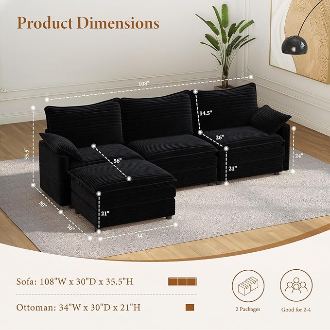 Vesgantti 108" Modular Sectional Sofa, Comfy Cloud Couch with Movable Ottoman Deep Seat Corduroy L Shaped Modular Sofa, Sectional Couches for Living Room, Bedroom and Apartment, Black