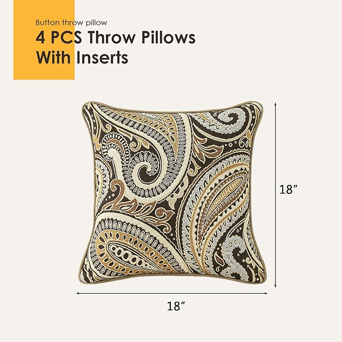 Outdoor Sunbrella Decorative Pillows Pack of 4, 18" x 18" Outdoor Pillow Set for Couch Bed Throw Patio Sofa, Royce Walnut