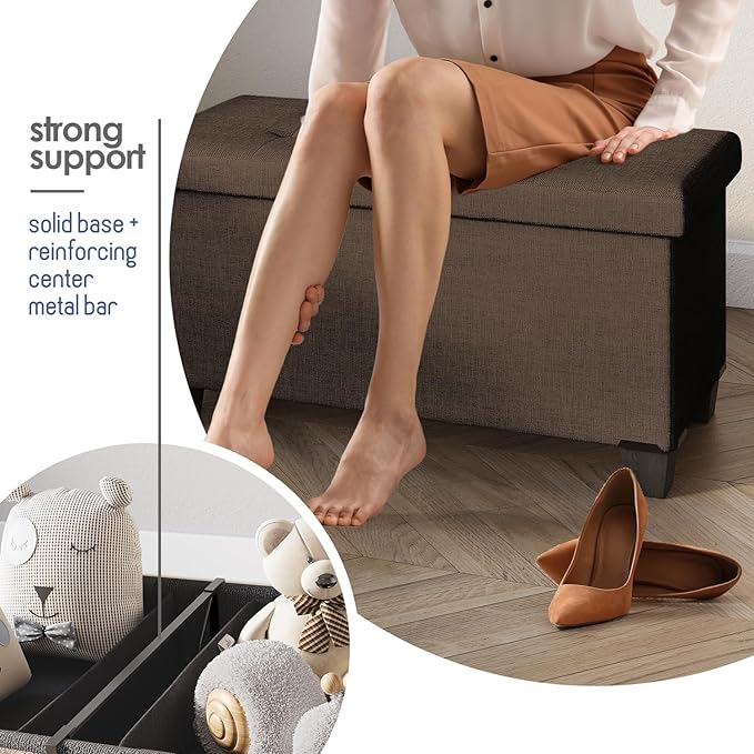 STORAGEBUD Storage Ottoman Bench with Bins, 30-in Storage Bench for Bedroom End of Bed, Folding Foot Rest Ottoman for Living Room Max 660lbs, Fabric Ottomans, Brown