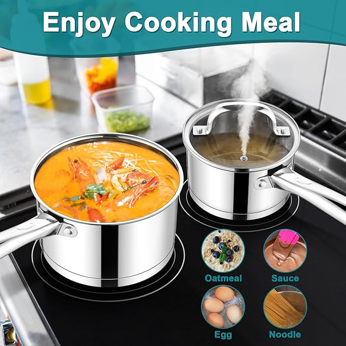 E-far Stainless Steel Saucepan with Lid Set - 2QT & 3QT, Triply Sauce Pan Induction Pot for Cooking, Boiling, Compatible with All Stoves, Visible Lid, Healthy & Non Toxic, Oven & Dishwasher Safe