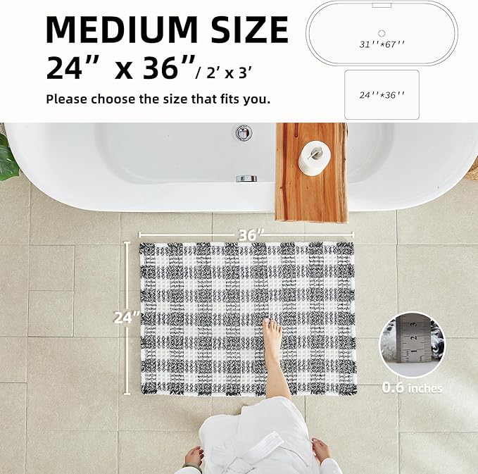 Waffle Bath Mat, Boho Bathroom Rugs Non Slip Washable Absorbent Checkered Bathroom Mat Quick Dry Farmhouse Bathroom Decor, 36"x24" Black and White