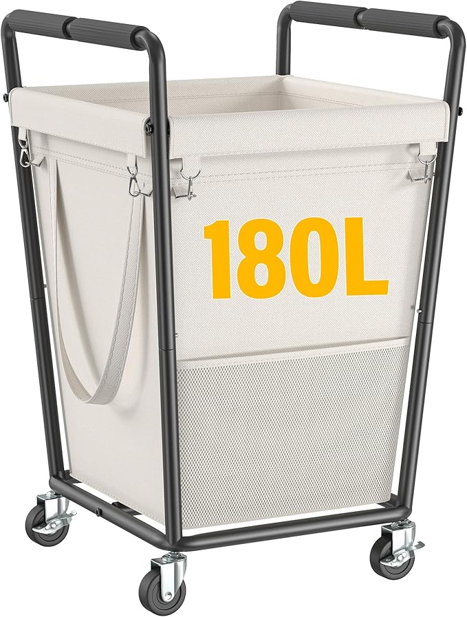 Laundry Basket with Wheels & Handles, 180L Laundry Cart with Removable Bag & Metal Frame for Clothes Storage, Laundry Room Organization Rolling Hamper with Wheels For Laundry, Dorm (Beige)