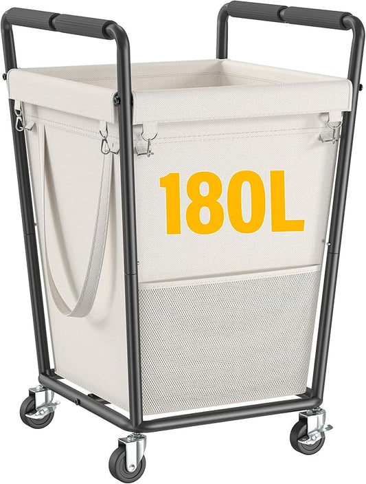 Laundry Basket with Wheels & Handles, 180L Laundry Cart with Removable Bag & Metal Frame for Clothes Storage, Laundry Room Organization Rolling Hamper with Wheels For Laundry, Dorm (Beige)