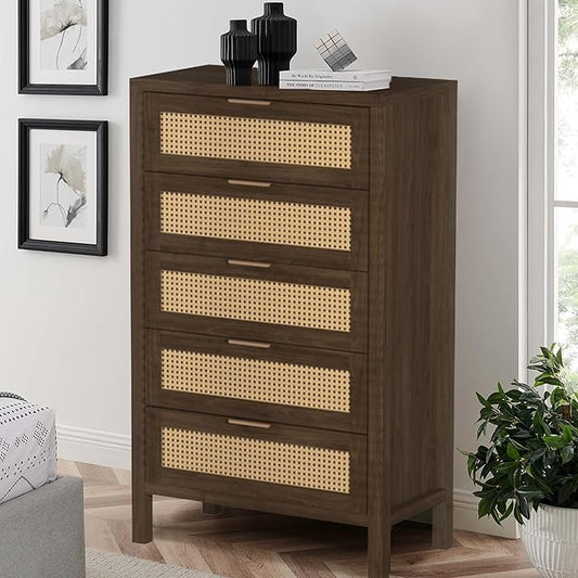 Wood 5 Dresser for Bedroom, Wide Rattan Drawer with Gold Handle for Bed Room, Hallway, Brown Oak