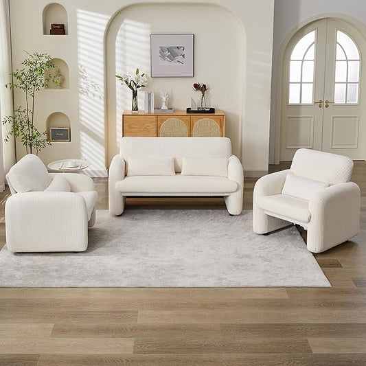 Corduroy Accent Living Room Sets, Modern Upholstered Love Seat with 2 Accent Chairs, Wide Comfy Leisure Chair Sets for Bedroom, Office, White