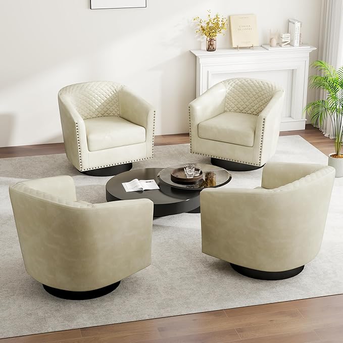 Swivel Barrel Accent Chair, Comfy Modern Upholstered Round Faux Leather Arm Chair for Living Room, Bedroom（Beige, Set of 4