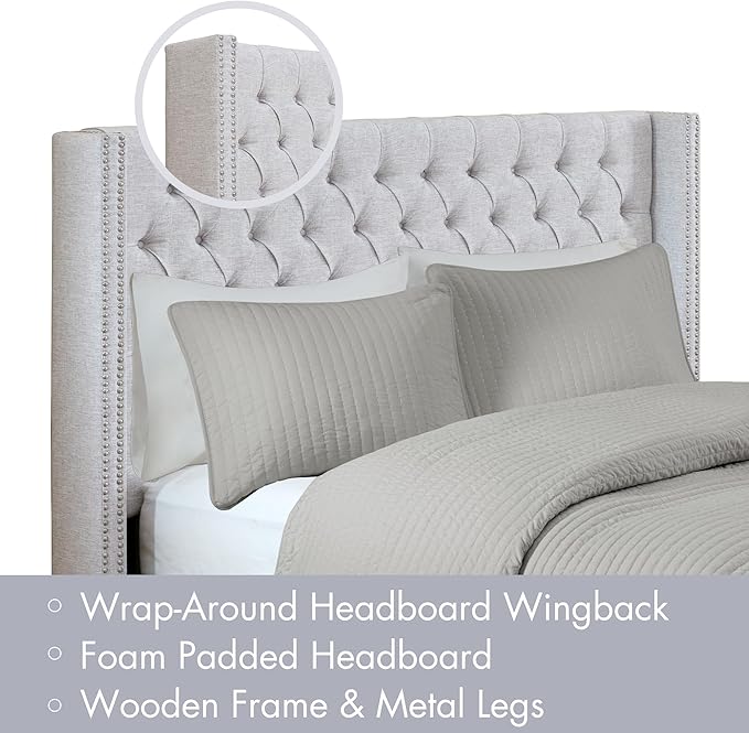Madison Park Queen Button Tufted Headboard, Adjustable Upholstered Transitional Wingback Headboard, Nailhead Trim, Wooden Frame, Black Metal Legs, Flush Flat Back, Vintage Bedroom Décor Amelia - Grey