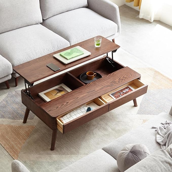 Oak Wood Lift Top Coffee Table with Storage, Mid-Century Modern Rectangle Coffee Tables for Living Room,Wooden Walnut Coffee Table for Dining,Working,Playing Games Desk