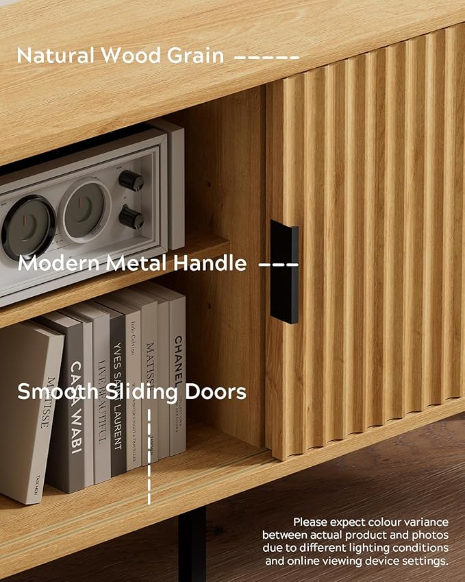 Fluted Tv Stand with Sliding Doors, 47" Modern Entertainment Center with Adjustable Shelves, Wood Media Console with Storage for Living Room, Natural Oak