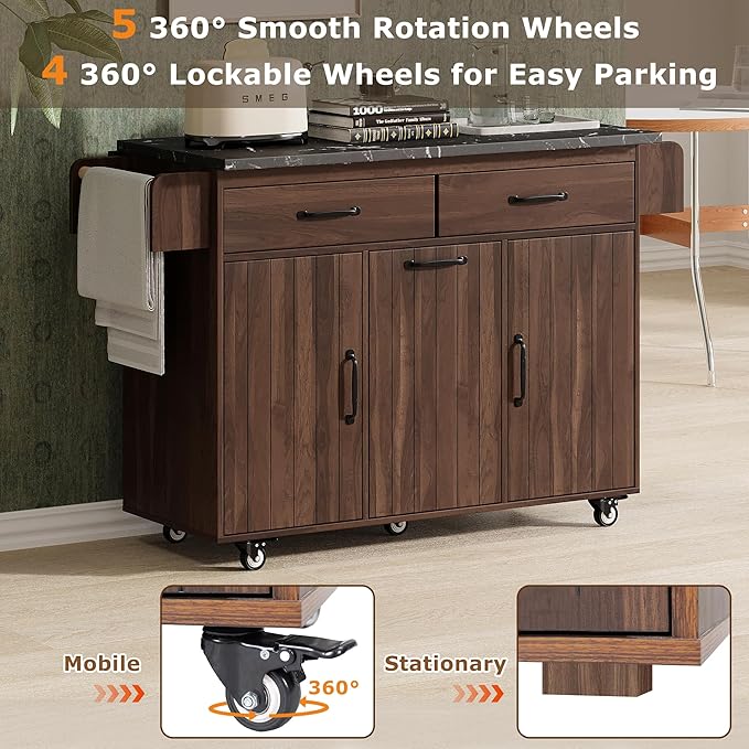 Kitchen Island with Storage & Drop Leaf, 51" Kitchen Rolling Island on Wheels with Spice Rack & Towel Rack, Kitchen Island Cart with Trash Can Storage, Walnut Brown