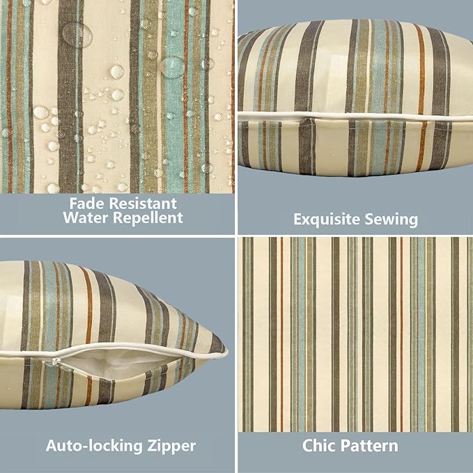 LVTXIII Outdoor Lumbar Pillow Covers 12"x20", Covers ONLY, 2 Pack 30x50cm Lumbar Cushion Cover with White Piping for Home Patio Garden Sofa Bench, Stripe Onyx