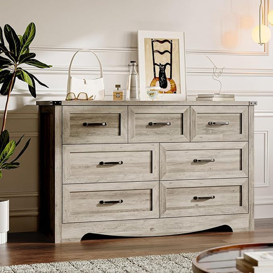 7-Drawer Dresser for Bedroom, Modern Wooden Chest of Drawers with Metal Handles, Anti-Tipping Design, Sturdy and Stable Storage Organizer for Living Room, Entryway, Home Office
