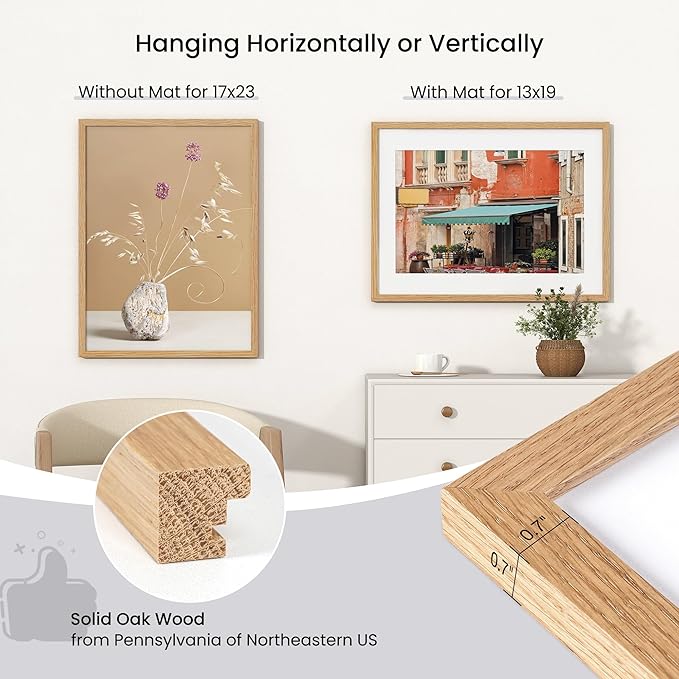 Axeman 17x23 Frame | Solid Oak Wood 13 x 19 Picture Frame With Mat To 17x23 | 23x17 Wood Poster Frame | Tempered Glass and Hanging Hardware Included Home Wall Decor Art Hanging Frame | Natural